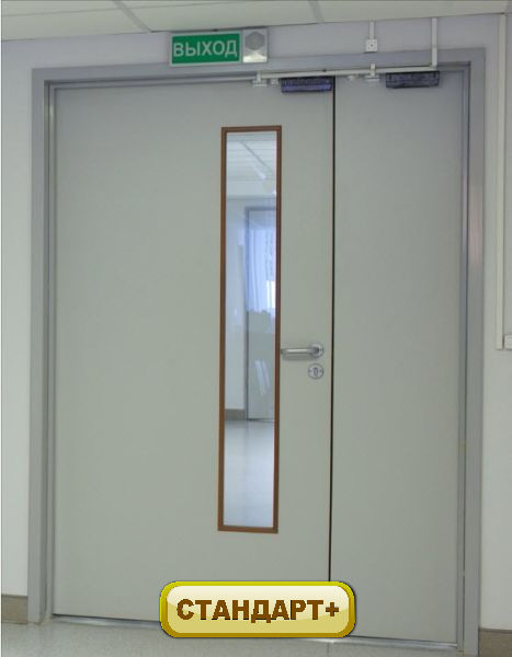 Двупольные металлические двери с остеклением в подвижной створке